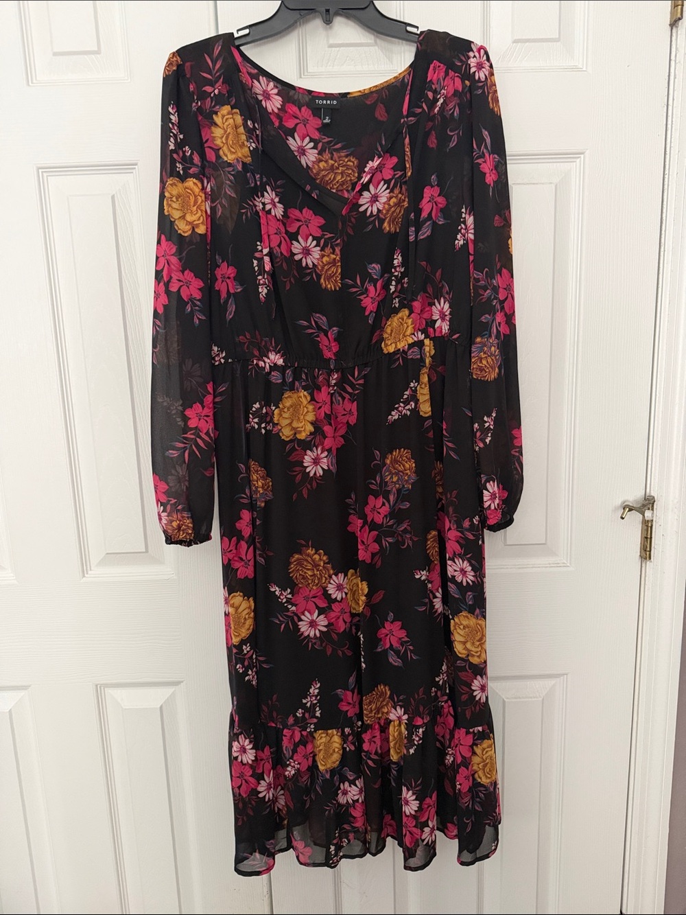 torrid Black Midi Dress with Pink & Gold Floral Print